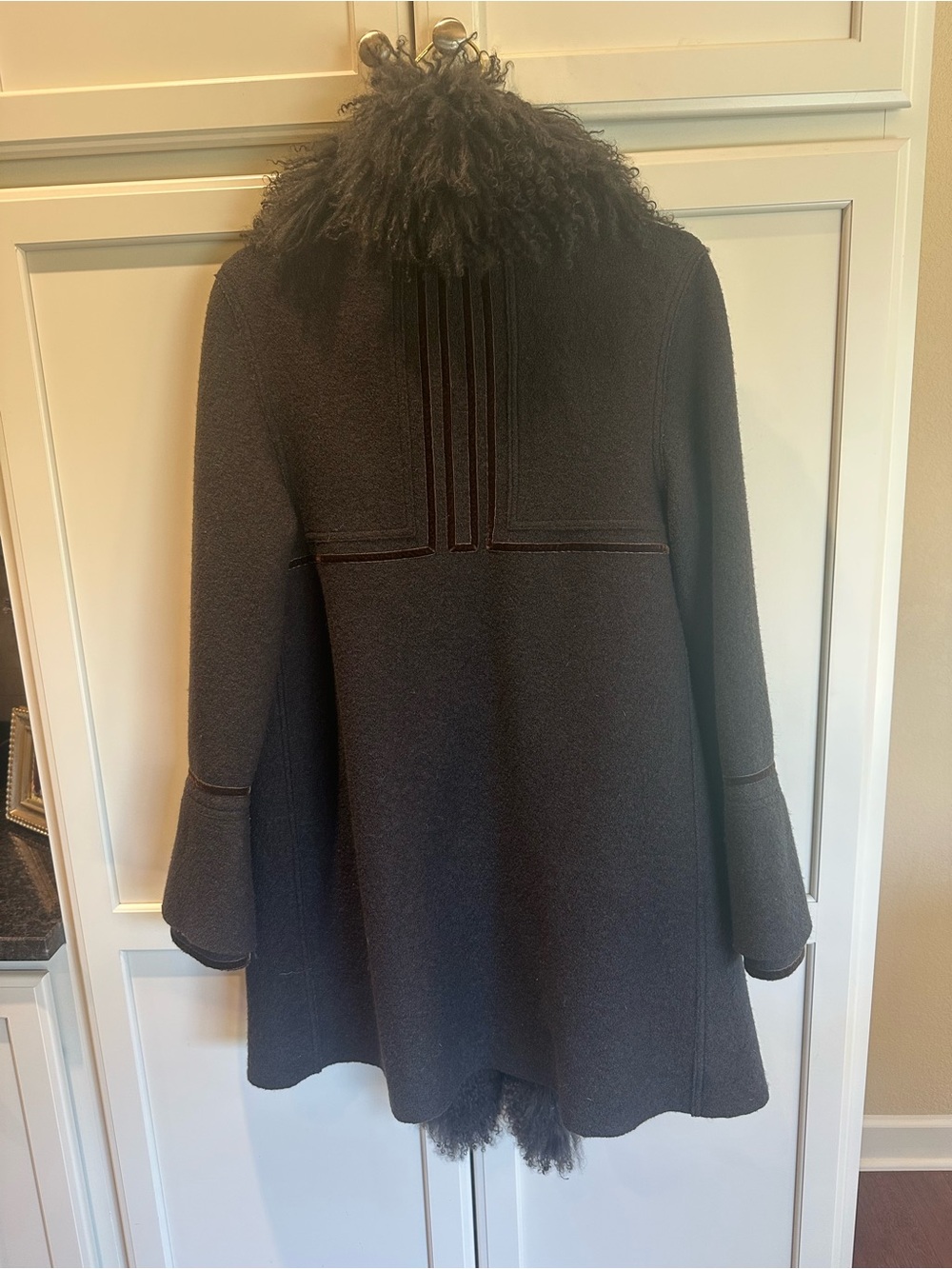 Black Wool-Blend Swing Coat with Faux-Fur Collar